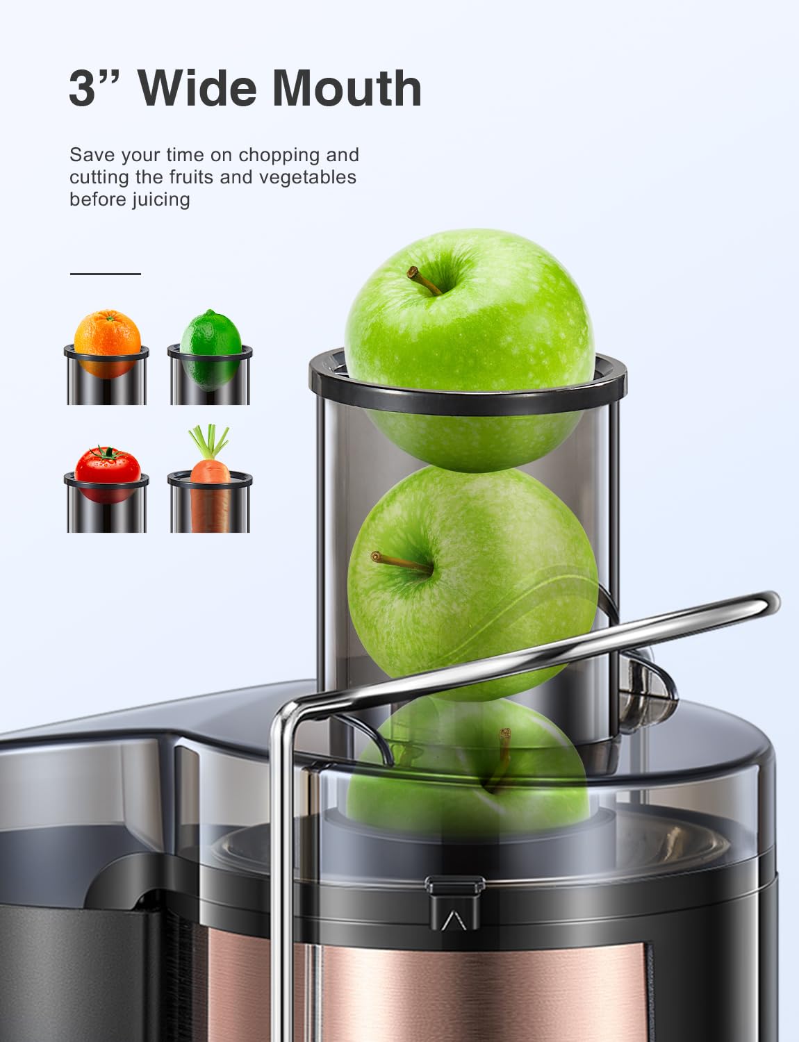 QCen Juicer Machine, 500W Centrifugal Juicer Extractor with Wide Mouth 3” Feed Chute for Fruit Vegetable, Easy to Clean, Stainless Steel, BPA-free