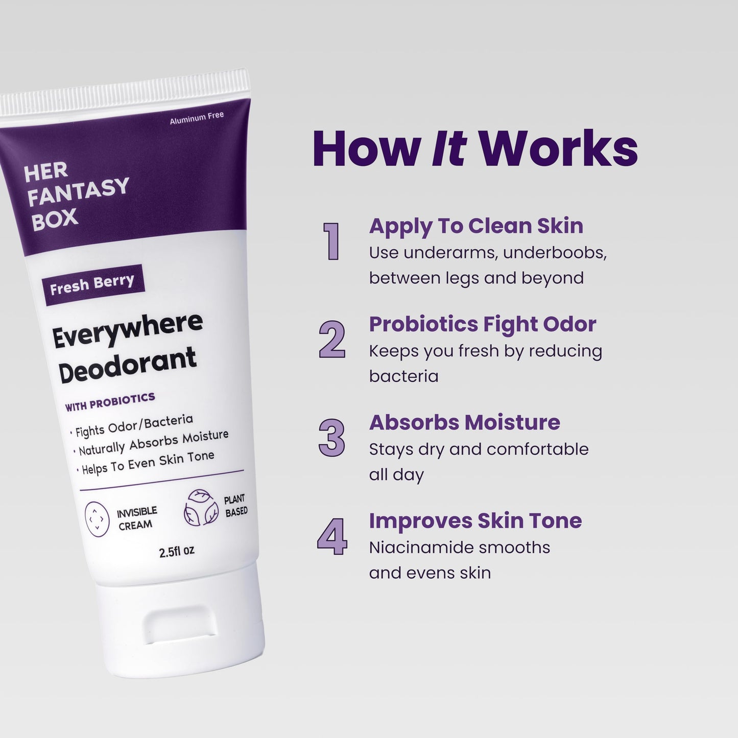 Her Fantasy Box | Everywhere Deodorant with Probiotics - Berry Scent | Aluminum-Free, Naturally Absorbs Moisture | Fights Odor & Bacteria | Skin-Improving Formula