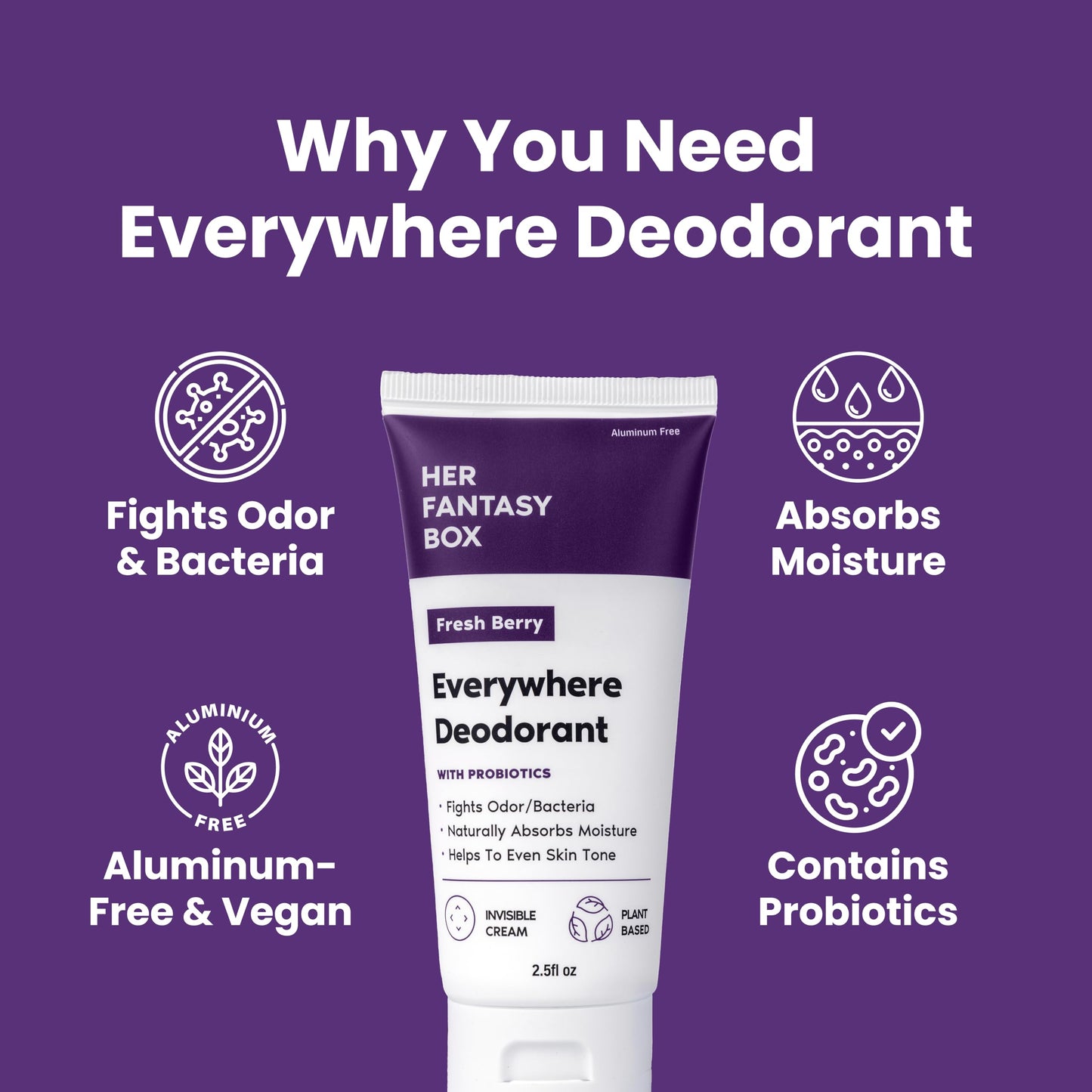 Her Fantasy Box | Everywhere Deodorant with Probiotics - Berry Scent | Aluminum-Free, Naturally Absorbs Moisture | Fights Odor & Bacteria | Skin-Improving Formula