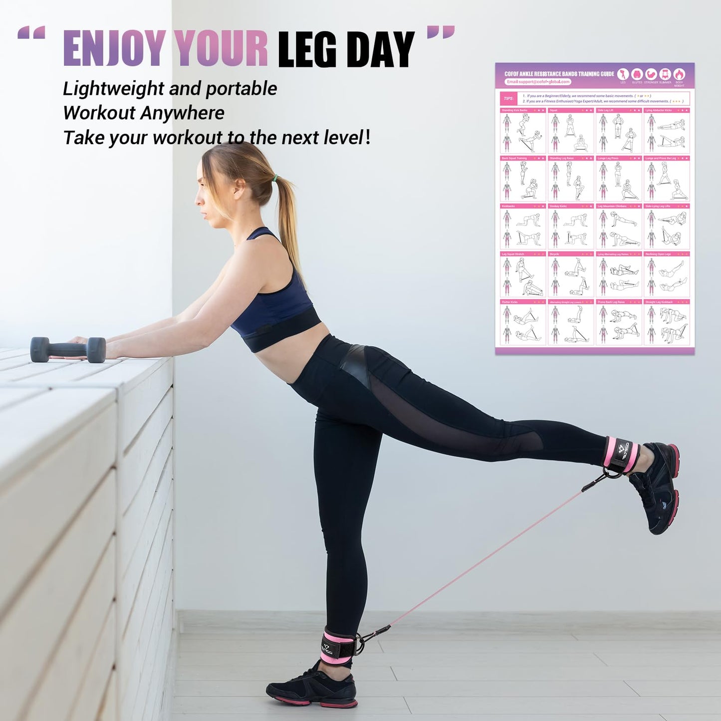 Ankle Resistance Bands with Cuffs, Ankle Bands for Working Out, Ankle Band Cuff for Kickbacks Hip, Leg Glute Exercise Equipment with Training Poster, Resistance Band with Ankle Cuffs for Women(Pink)