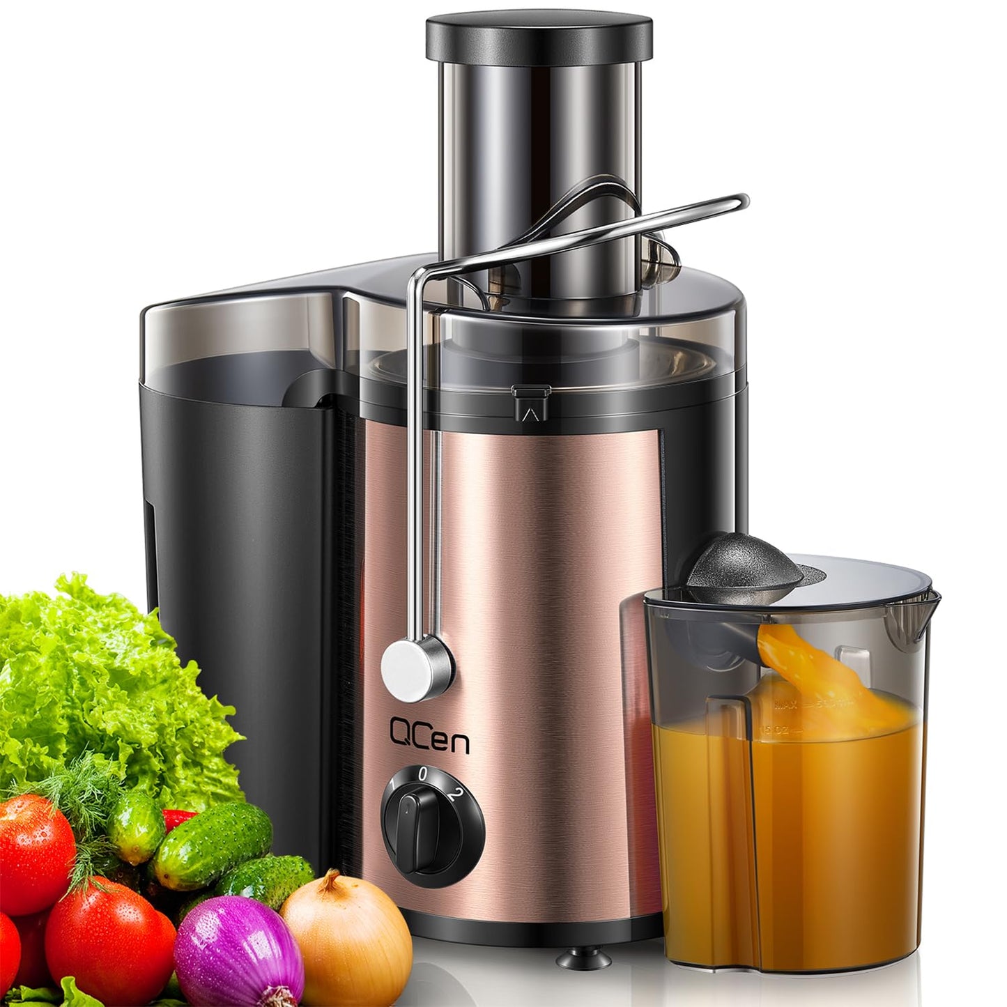 QCen Juicer Machine, 500W Centrifugal Juicer Extractor with Wide Mouth 3” Feed Chute for Fruit Vegetable, Easy to Clean, Stainless Steel, BPA-free