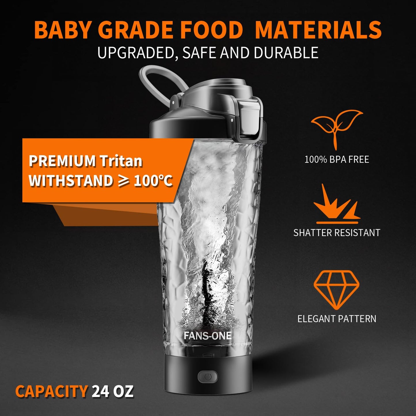FANS-ONE Premium Electric Protein Shaker Bottle, 24 oz Lockable Blender Shaker Bottles, Made with Tritan, BPA Free, USB Rechargeable Mixer Blender Cup for Protein Shakes