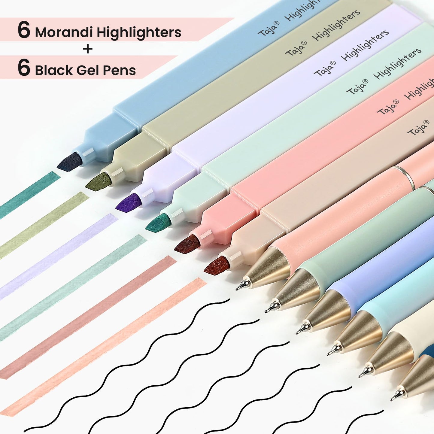 Taja 12 Pack Aesthetic Highlighters and Gel Pens Set, 6 No-Bleed Pastel Highlighters and 6 Black Ink Pens for Bible Study, Journaling, School and Office Supplies