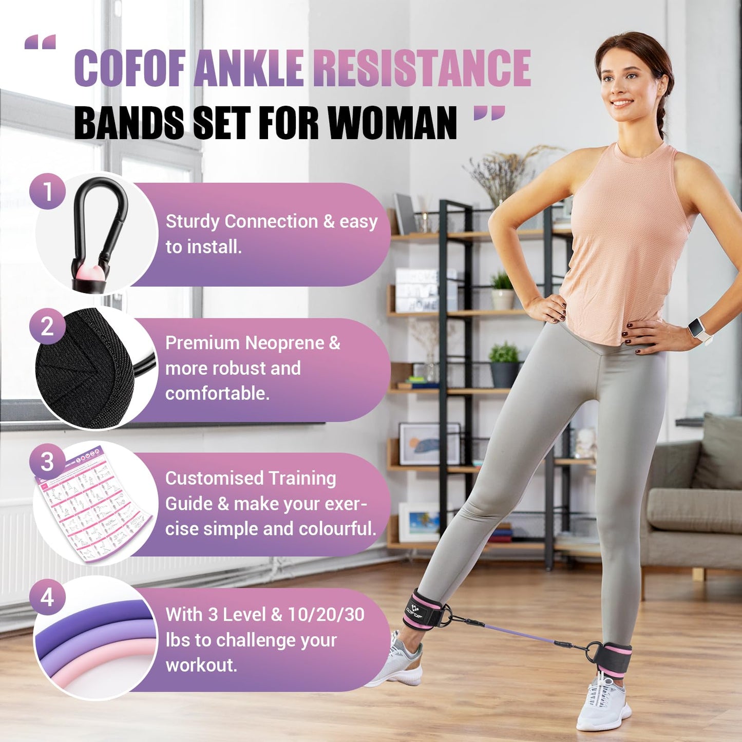 Ankle Resistance Bands with Cuffs, Ankle Bands for Working Out, Ankle Band Cuff for Kickbacks Hip, Leg Glute Exercise Equipment with Training Poster, Resistance Band with Ankle Cuffs for Women(Pink)