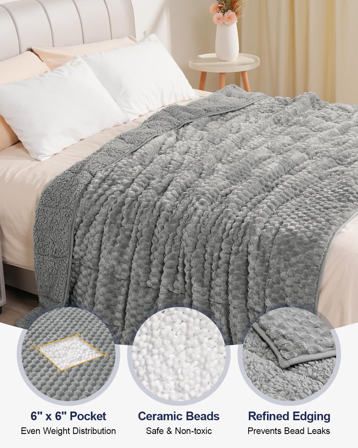 Super Soft Luxury Fleece Sherpa Weighted Blanket 15 lbs for Adults, Turtle Shell Fuzzy Cozy Fluffy Queen Size Weighted Throw, Ceramic Beads Washable Heavy Blankets for Couch Bed, Grey, 60" x 80"