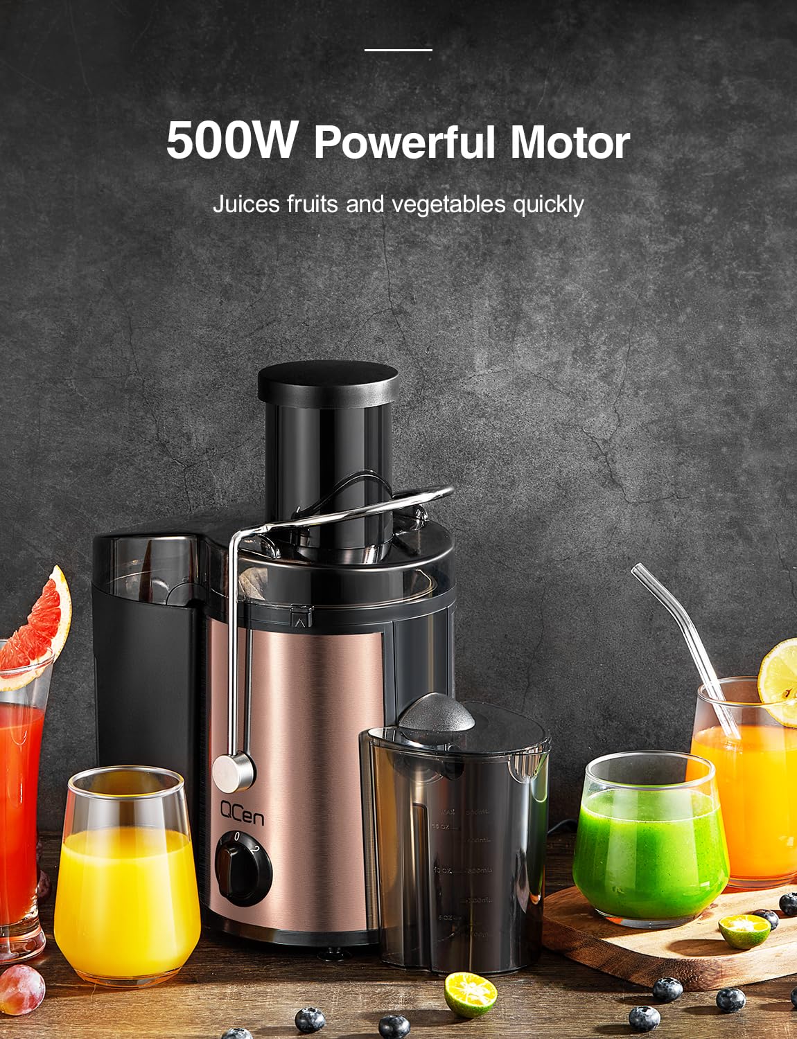 QCen Juicer Machine, 500W Centrifugal Juicer Extractor with Wide Mouth 3” Feed Chute for Fruit Vegetable, Easy to Clean, Stainless Steel, BPA-free