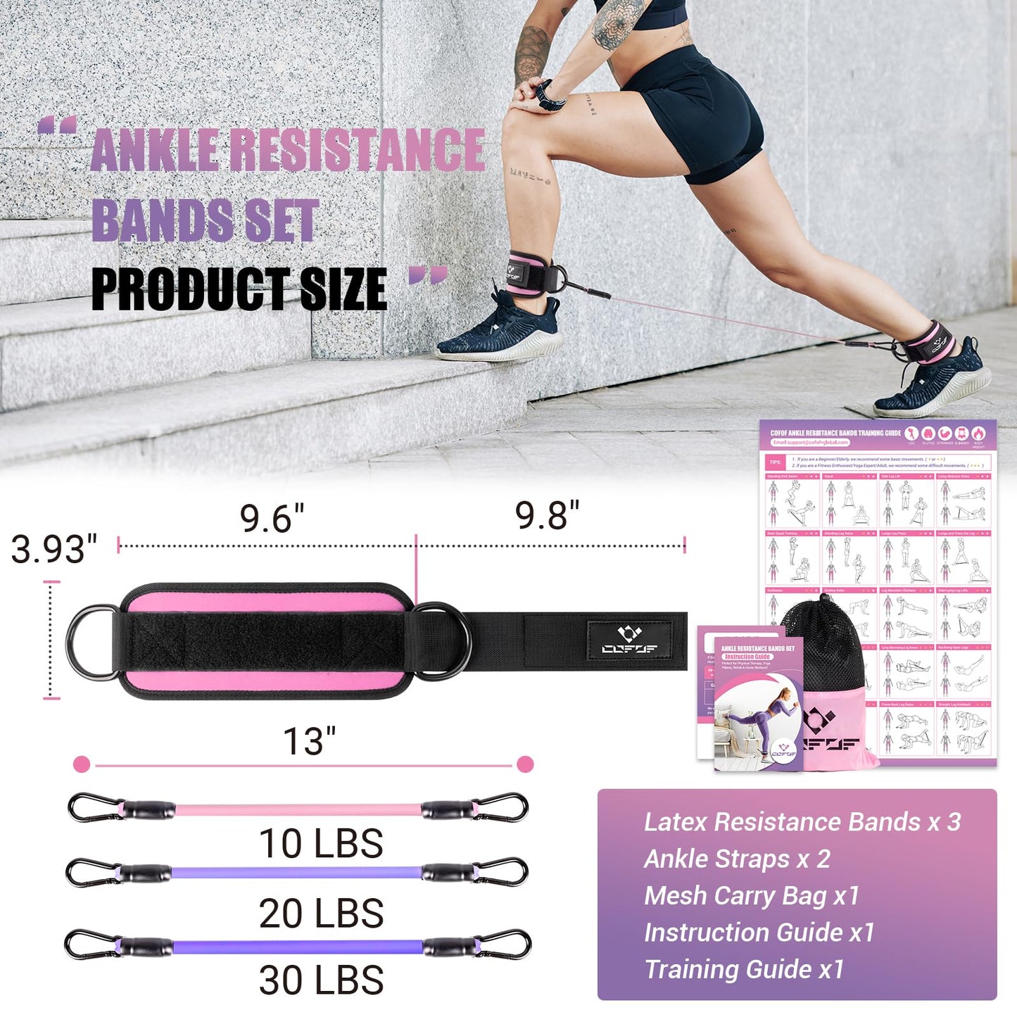 Ankle Resistance Bands with Cuffs, Ankle Bands for Working Out, Ankle Band Cuff for Kickbacks Hip, Leg Glute Exercise Equipment with Training Poster, Resistance Band with Ankle Cuffs for Women(Pink)