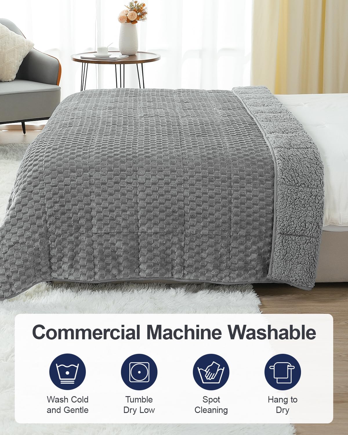 Super Soft Luxury Fleece Sherpa Weighted Blanket 15 lbs for Adults, Turtle Shell Fuzzy Cozy Fluffy Queen Size Weighted Throw, Ceramic Beads Washable Heavy Blankets for Couch Bed, Grey, 60" x 80"