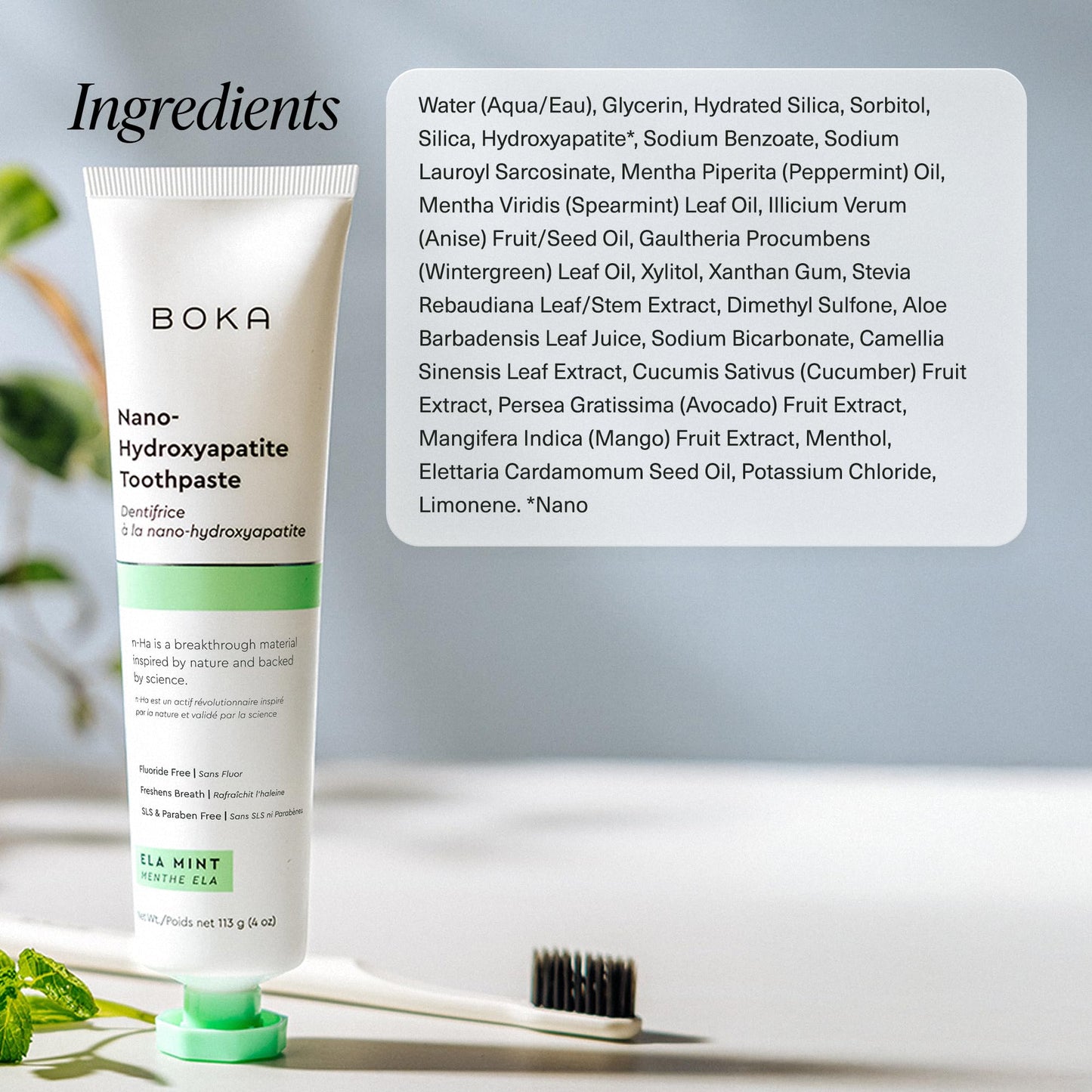 Boka Fluoride Free Toothpaste, Nano Hydroxyapatite Toothpaste, Appropriate for Sensitive Teeth - for Adult, Kids Oral Care - Ela Mint Flavor, 4 Fl Oz 1Pk US Manufactured