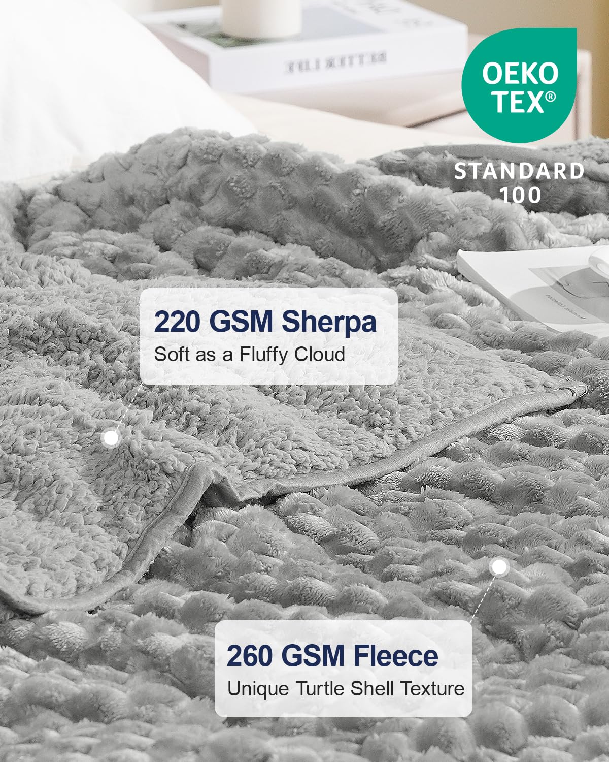 Super Soft Luxury Fleece Sherpa Weighted Blanket 15 lbs for Adults, Turtle Shell Fuzzy Cozy Fluffy Queen Size Weighted Throw, Ceramic Beads Washable Heavy Blankets for Couch Bed, Grey, 60" x 80"