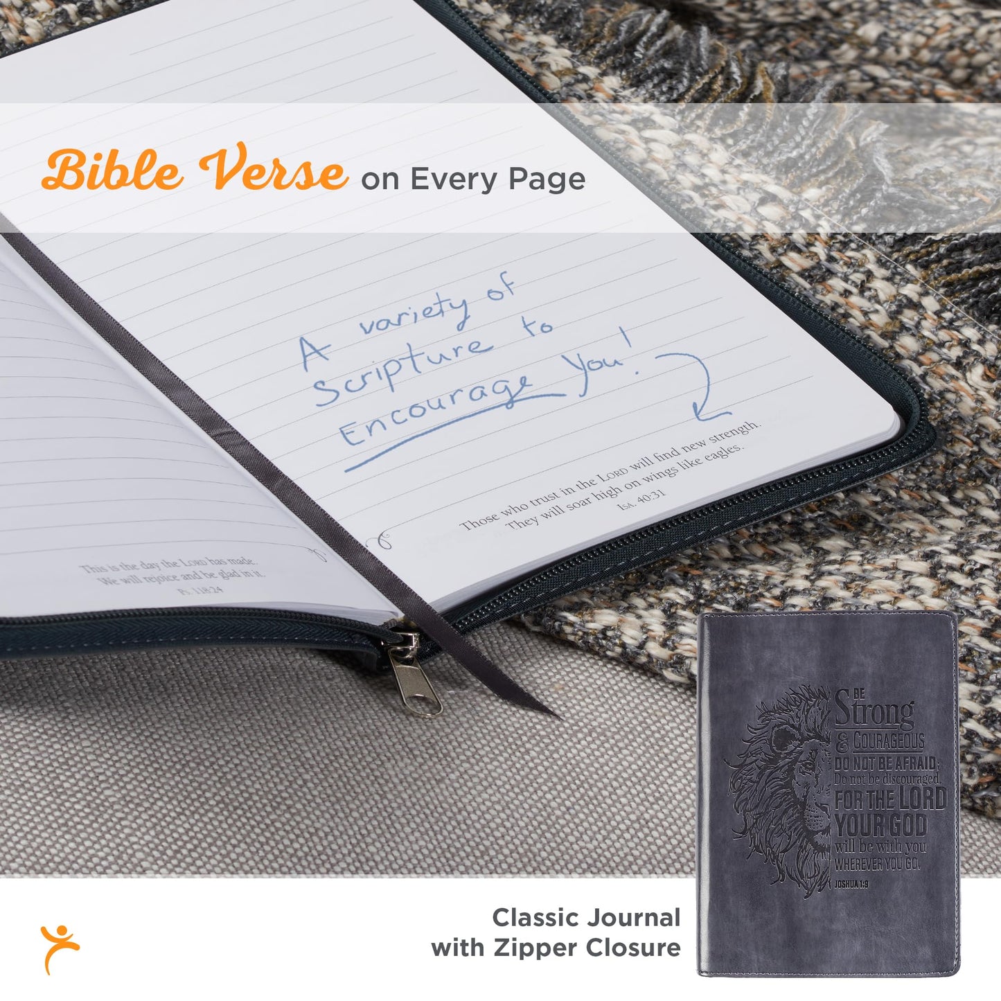 Classic Faux Leather Journal Be Strong and Courageous Lion Joshua 1:9 Bible Verse Gray Inspirational Notebook, Lined Pages w/Scripture, Ribbon Marker, Zipper Closure