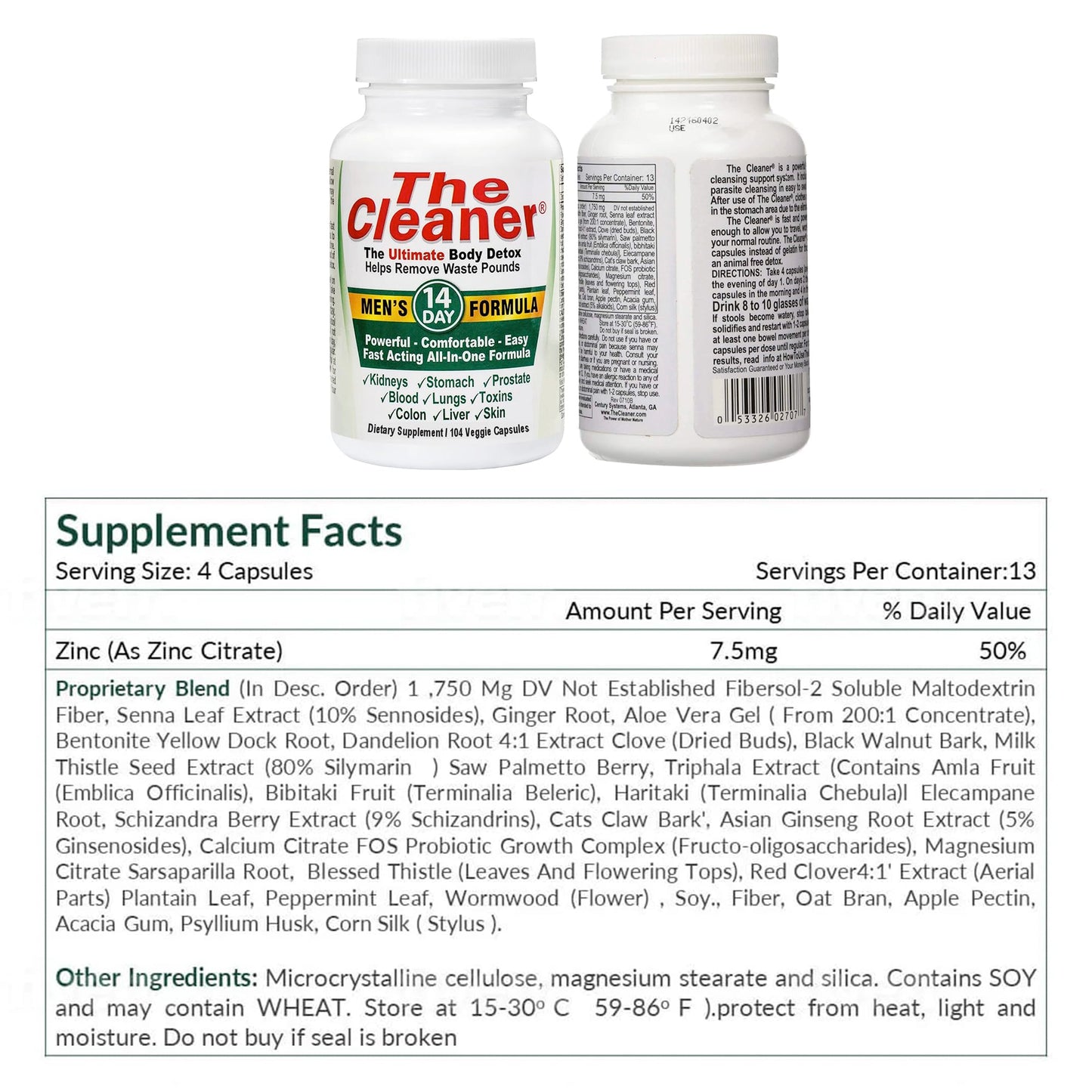 Century Systems The Cleaner Detox, Powerful 14-Day Complete Internal Cleansing Formula for Men, Support Digestive Health, 104 Vegetarian Capsules (Two 7 Day treatments)
