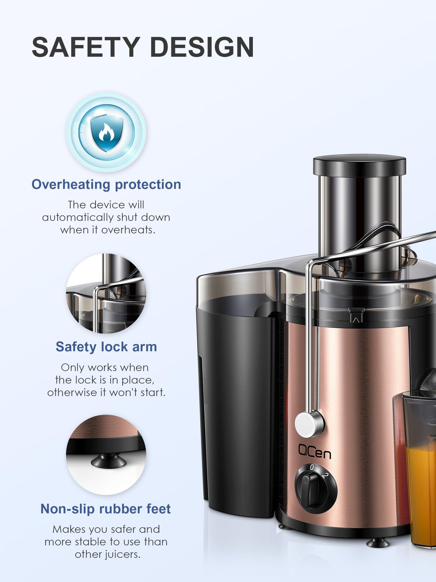 QCen Juicer Machine, 500W Centrifugal Juicer Extractor with Wide Mouth 3” Feed Chute for Fruit Vegetable, Easy to Clean, Stainless Steel, BPA-free