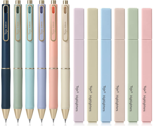 Taja 12 Pack Aesthetic Highlighters and Gel Pens Set, 6 No-Bleed Pastel Highlighters and 6 Black Ink Pens for Bible Study, Journaling, School and Office Supplies