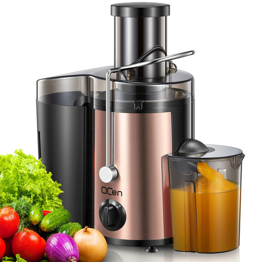 QCen Juicer Machine, 500W Centrifugal Juicer Extractor with Wide Mouth 3” Feed Chute for Fruit Vegetable, Easy to Clean, Stainless Steel, BPA-free