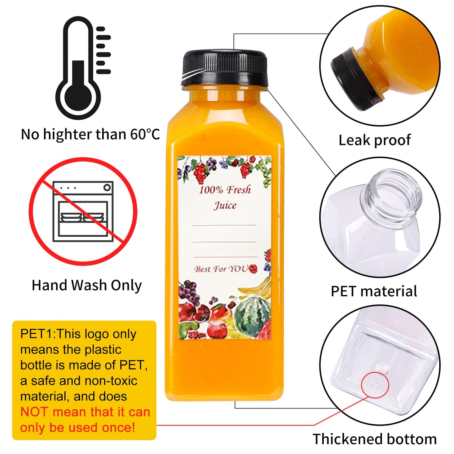 SUPERLELE 20pcs 16oz Juice Bottles, Plastic Juicing Bottles with Caps, Clear Drink Containers with Lids for Drinking, Smoothie and Other Beverages