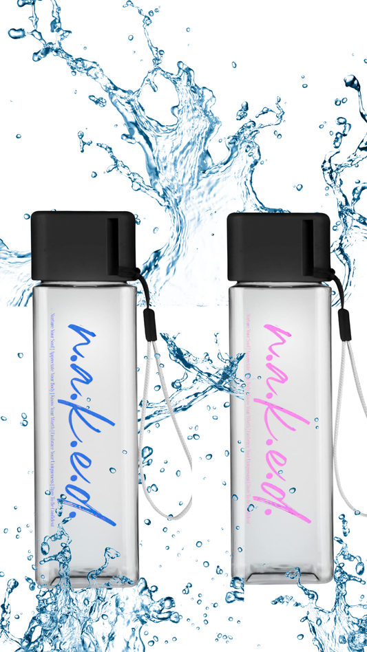 Naked Water Bottle                                    Stay hydrated in style with our sleek, clear NAKED Water Bottle. Designed with a modern square shape, durable BPA-free plastic, a secure black twist cap, and strap for carrying.